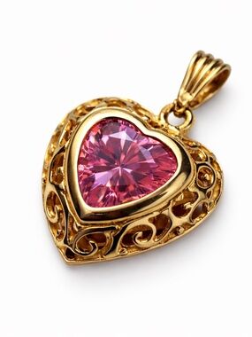 Vintage Style Gold Tone Pink Heart Pendant Romantic Filigree Statement Charm